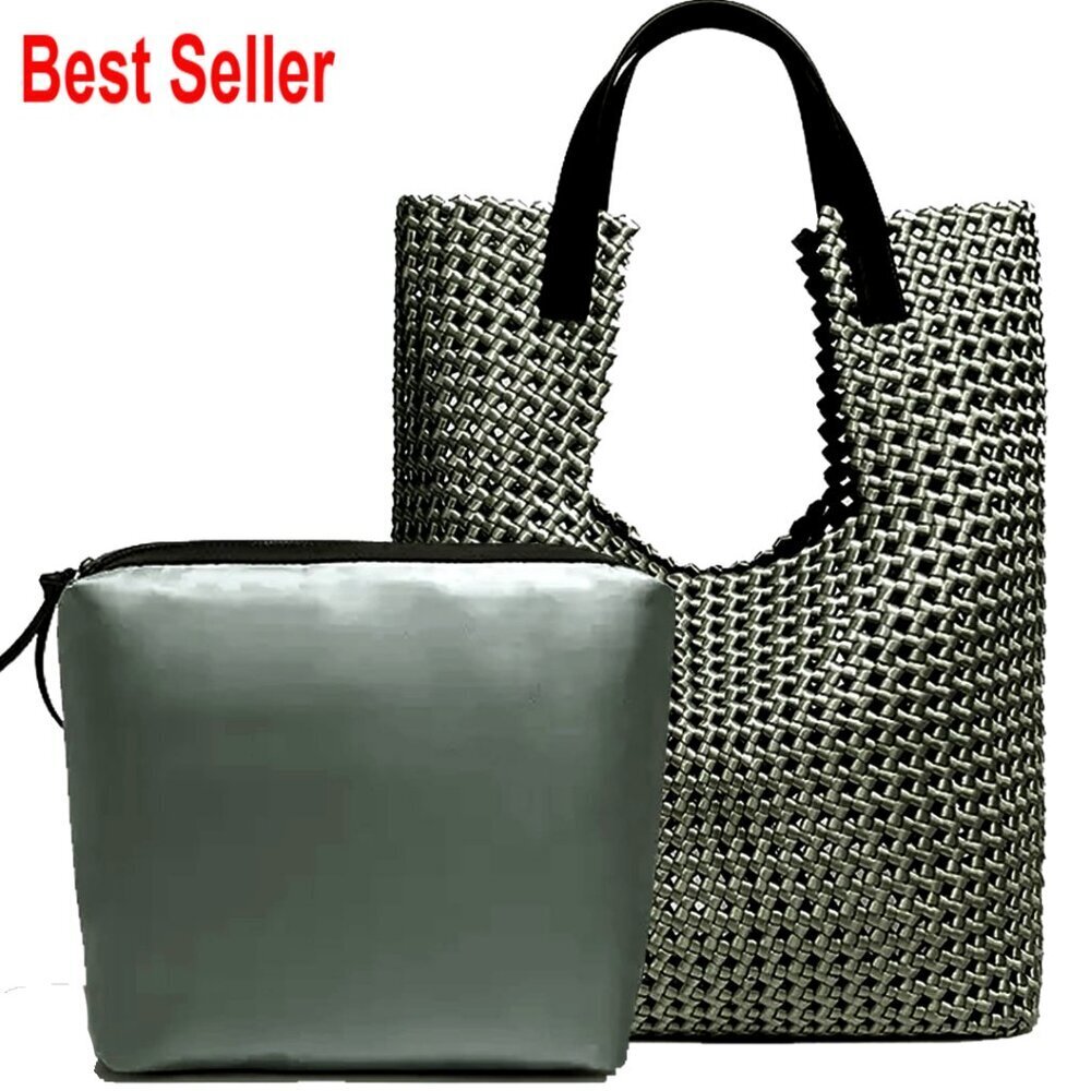 Leather Satin Woven Tote Bag with Clutch Set Shoulder Handbag